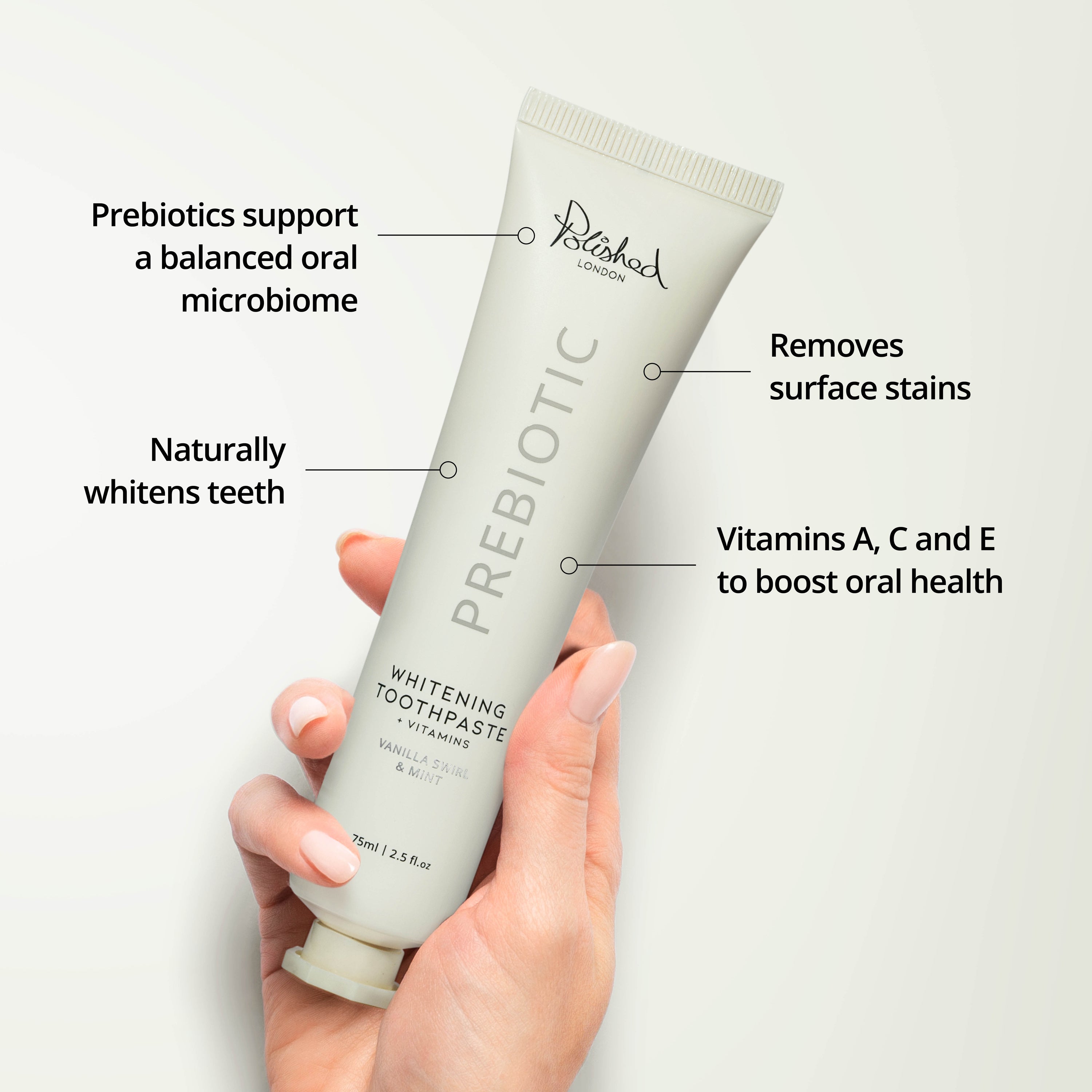 PREBIOTIC WHITENING TOOTHPASTE - VANILLA SWIRL & MINT - 75ML