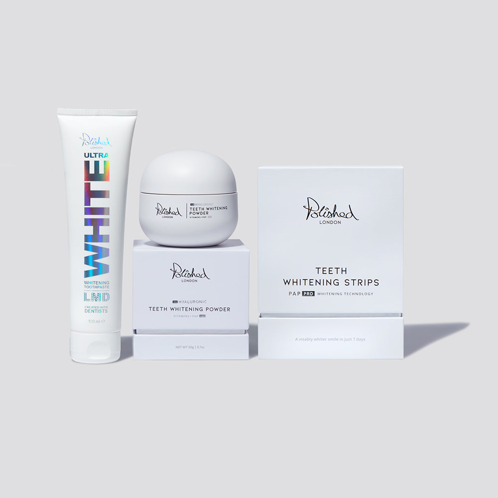 ULTRA WHITE TOOTHPASTE + TEETH WHITENING POWDER + TEETH WHITENING STRIPS BUNDLE