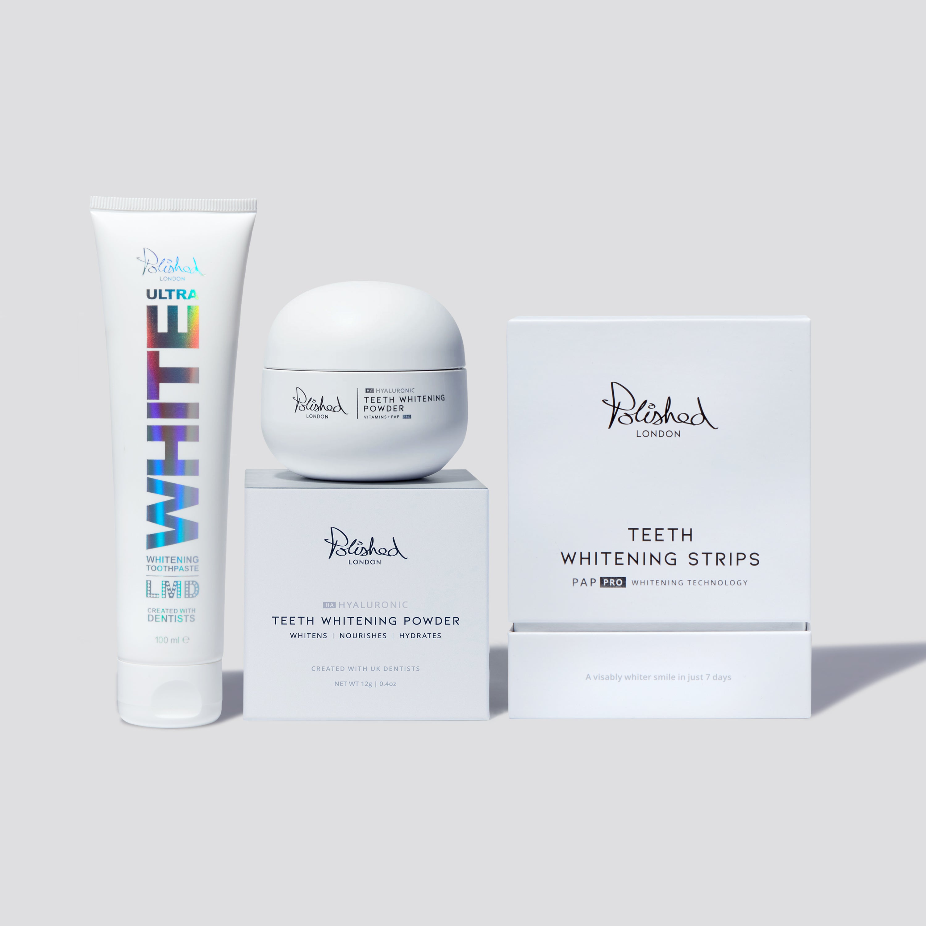 ULTRA WHITE TOOTHPASTE + TEETH WHITENING POWDER + TEETH WHITENING STRIPS BUNDLE